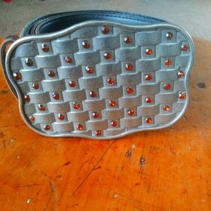 Silver and Amber faux brown leather belt 35in lng